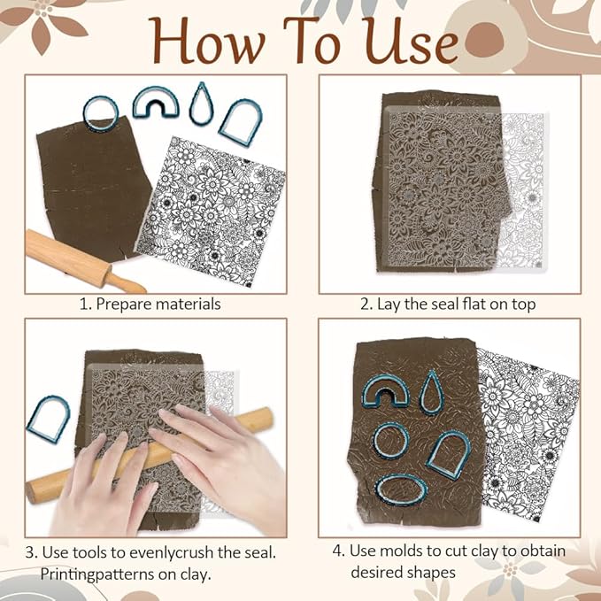 CHGCRAFT Abstract Flowers Geometric Flowers Silicone Texture Stamp Polymer Clay Molds DIY Clay Texture Tools for Clay Pottery Earring Jewelry Making Stamp Engraving Machines, Flower, 5.5x5.5inch