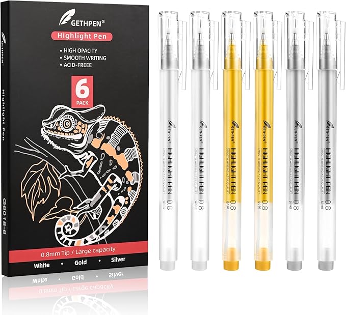 3 Colors 0.8mm Extra Fine Point 6-Pack Gel Pen Set – White, Gold & Silver Gel Ink Pens for Artists Drawing on Black Paper, Sketching, Bullet Journaling & Crafting