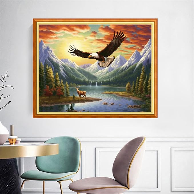 Joyhoor Cross Stitch Kits for Beginners Stamped Cross-Stitch Supplies Needlework preprint Embroidery Kits for Adults DIY Needlepoint Kits Embroidery Patterns 11CT-Eagle Hunting 16x20 inchs