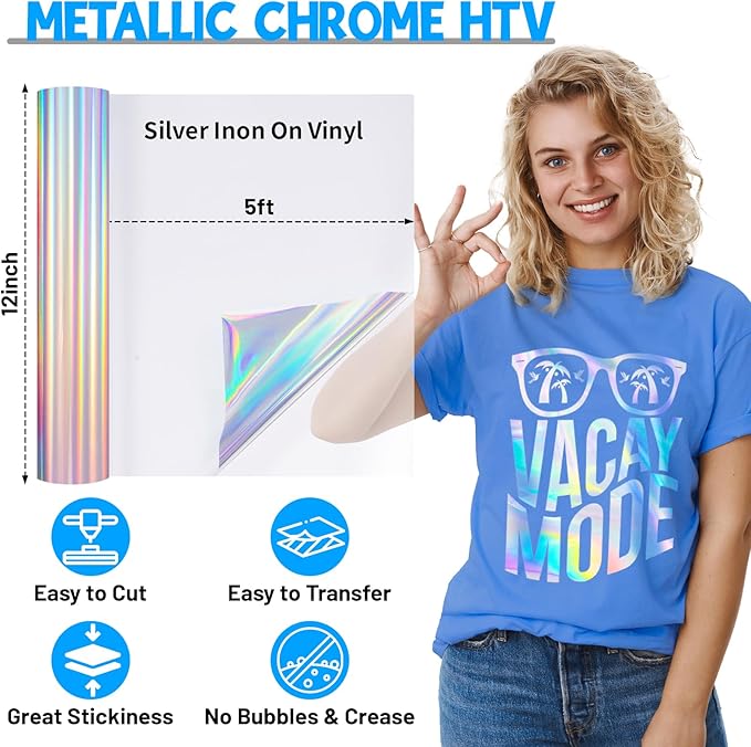 TECKWRAP Heat Transfer Vinyl HTV - 12" x 5ft Rainbow Silver HTV Iron on Vinyl for t-Shirts Easy to Cut & Weed for All Cutter Machine & Heat Press