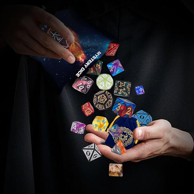 QMAY Polyhedral Dice - 8PCS Mystery Dice Set, Various Styles, Random D&D Dice Patterns & Dice Bag, DND Gifts, Suitable for Dungeons and Dragons, RPG, MTG,Role Playing Table Game