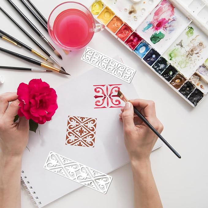 12 Pieces Border Stencils for Painting, Leaf Stencil Template Reusable Furniture Cake Decorative Stencils for Wood DIY Craft Canvas Fabric (12 Border Floral)