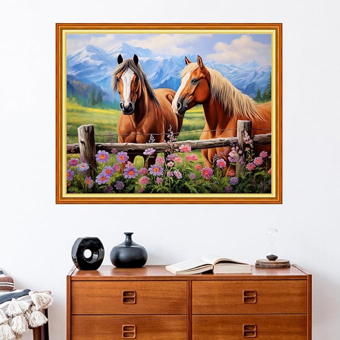 Stamped Cross Stitch Kits - Beach Night Landscape Counted Cross Stitch Kits for Beginners Adults Needlepoint Cross-Stitch Patterns-Steed Flowers 16x20 inchs