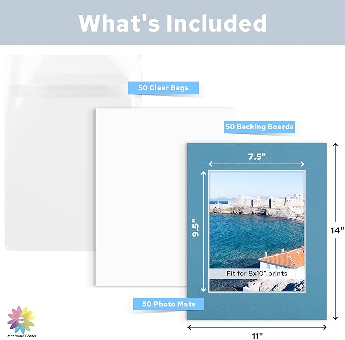 Mat Board Center, Pack of 50, 11x14 for 8x10 Mix Color Mat Kit - Acid Free, 4-ply Thickness, White Core - Includes Backing Boards and Clear Bags - for Pictures, Photos, Framing