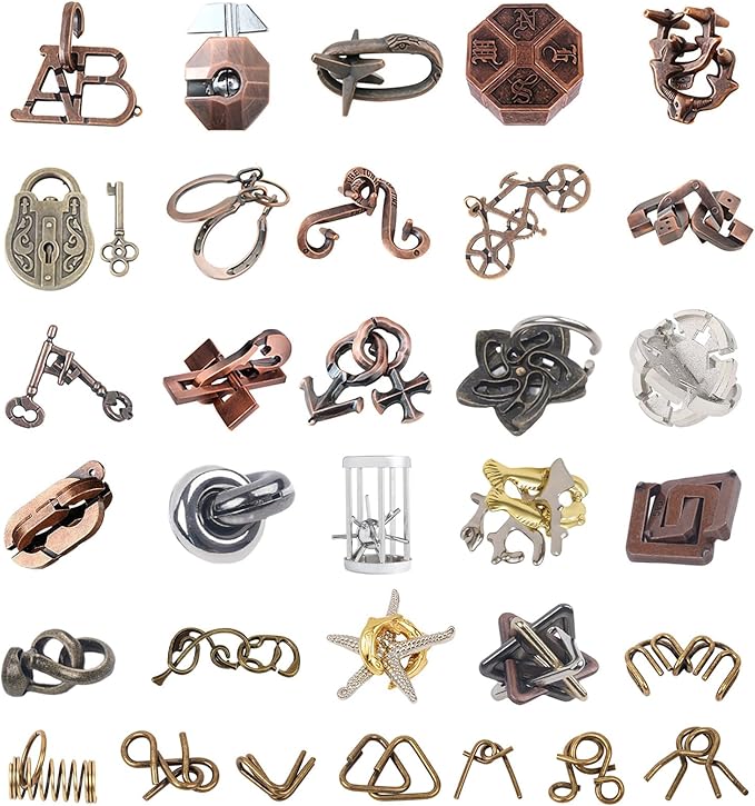 32Pcs Metal Brain Teaser Puzzles 3D Cast Steel Teasers Puzzle for Kids Teens Magic Puzzles Games Toys IQ Education Smart Logic Test Toy Fidget Toys Party Favors for Kids Adults Challenge