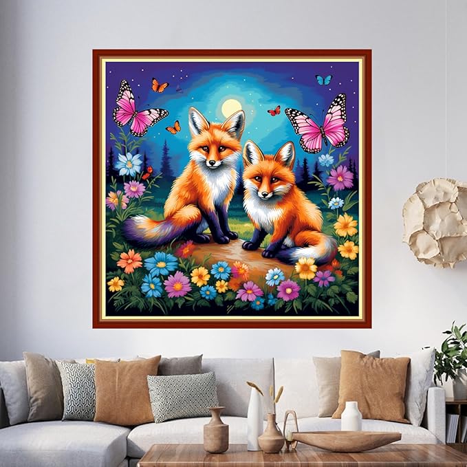 Foxhool Beginners Cross Stitch Kits Stamped Full Range of Embroidery Kits for Adults DIY Cross Stitches kit Embroidery Patterns for Needlepoint kit-Colorful Fox Butterfly 17.7x17.7 inch