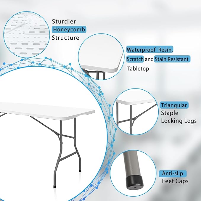 Plastic Folding Table, 6 FT Folding Table, Plastic Portable Tables for Dining Parties Card Picnic Camping, Granite White