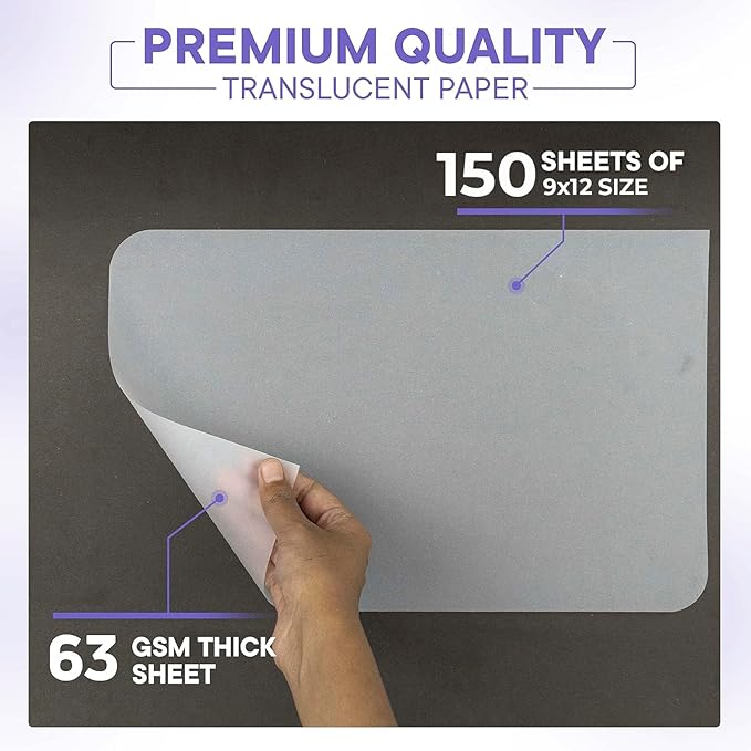 Tracing Paper 9x12 63 GSM - Pack of 150 Sheets Tracing Paper for Sewing Patterns, Drawing Overlays & Sketching on Art Paper & Sketch Book
