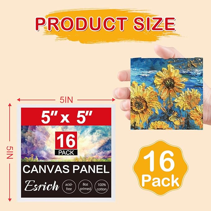 ESRICH Canvas Boards for Painting, 16 Pack Canvases 5x5 100% Cotton Small Paint Canvas Primed Acid Free Mini Blank Canvas Panels for Oil, Watercolor, Acrylic, Gouache & Tempera