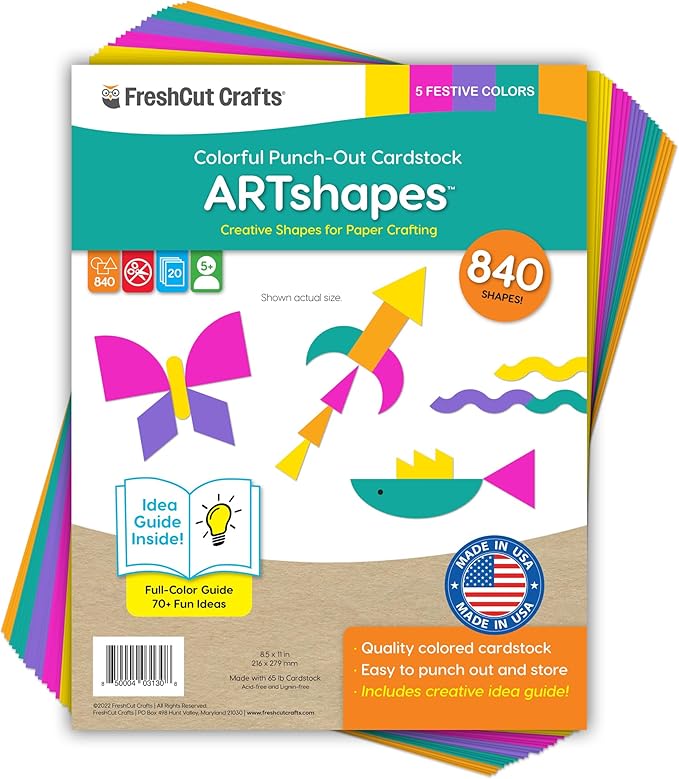 ARTshapes 840 pc Creative Paper Shapes Pack with 70+ Idea Guide - US Made Card Stock - Punch Out Funky DIY Craft Supplies for Whimsical Art Designs, Paper Crafts, and Pattern Play 5 Festive Colors