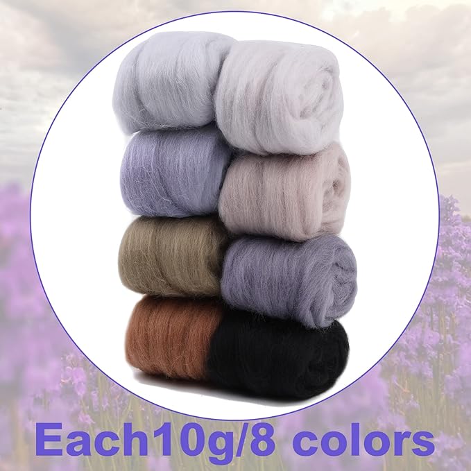 WONVOC Needle Felting Wool 80g, Wool Roving, 8 Colors, Bulk, for DIY Crafts & Felting, 10g/Color, Grey