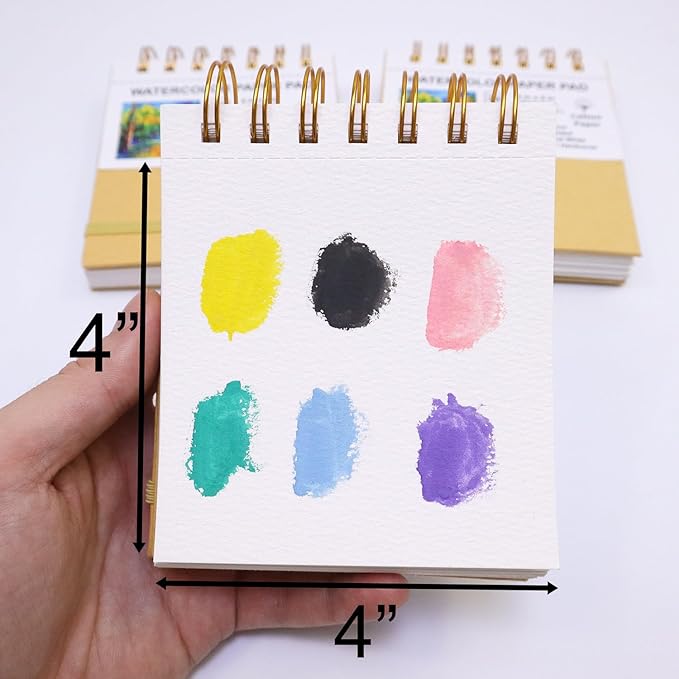 Mini Watercolor Paper Pads, 4x4, 3Pack, Kraft Hardcover Sketch Books, 140lb/300gsm Heavyweight Cotton Paper, Spiral Bound, Cold Pressed, Dual-Sided(Smooth&Texture),Painting Paper for Artists Students
