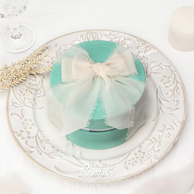 Ribbli Cream Chiffon Ribbon 1-1/2 inch x 20 Yard Handmade Fringe, Chiffon Silk Vanilla Cream Ribbon for Wedding Invitations, Bridal Bouquets, Flower Arrangement Decoration