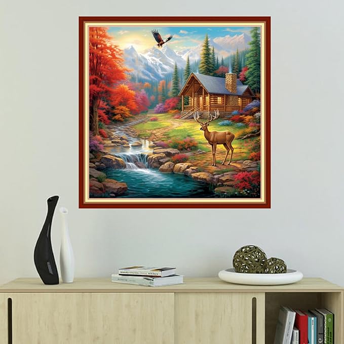 Foxhool Beginners Cross Stitch Kits Stamped Full Range of Embroidery Kits for Adults DIY Cross Stitches kit Embroidery Patterns for Needlepoint kit-Hut Scenery 18x18 inch