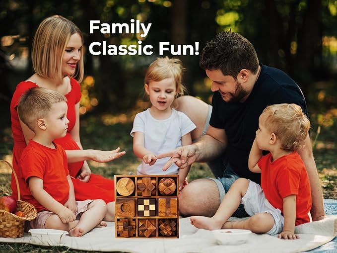 BSIRI 9 in 1 Wooden Brain Teaser Puzzles for Adults Teens and Kids Box Set for All Ages Wood Hard Level 10 Impossible Mind Wood Brain Teaser Games 3D Hand Puzzle Sets for Decoration and Mini Toys