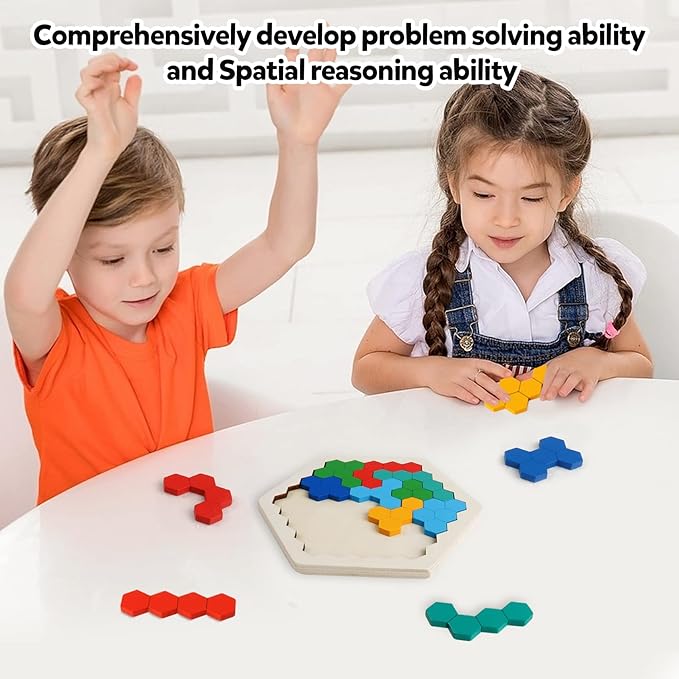 Skrtuan Wooden Blocks Puzzle for Kid Adults Brain Teaser Hexagon Puzzles Games Toy Shape Pattern Block Tangram Geometry Logic IQ STEM Montessori Educational Gift for Kids Boys Girls Challenge