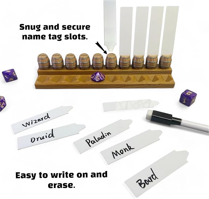 Initiative Tracker with 10 Barrel Slots, Erasable Name Tags, and Dice for Tracking Order. Ideal for DND and Other TTRPGs Brown
