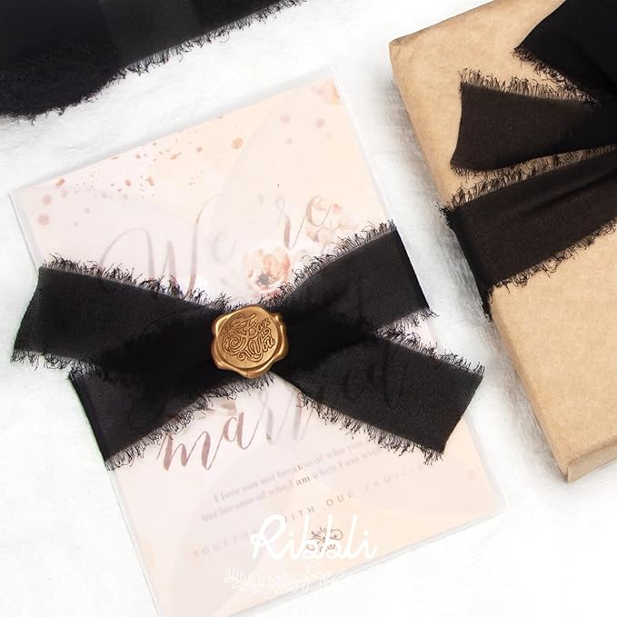 Ribbli Black Chiffon Ribbon 1-1/2 inch x 20 Yard Handmade Fringe Chiffon Silk Ribbon,Black Ribbon for Wedding Invitations, Bridal Bouquets Wrapping, Flower Arrangement Decoration