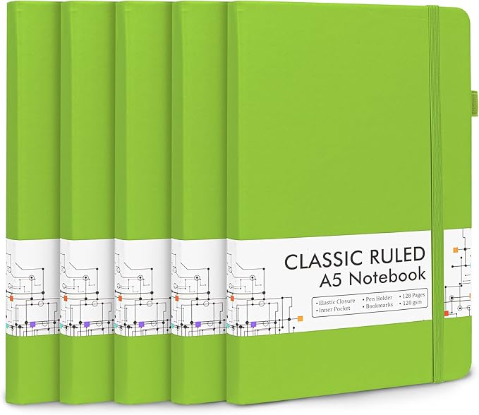 feela 5 Pack Notebooks Journals Bulk, Hardcover Notebook Classic Ruled Lined Journals with Pen Holder for Women Girls School Business Supplies, with 5 Black Pens, 120 GSM, 5.1”x8.3”, A5, Green