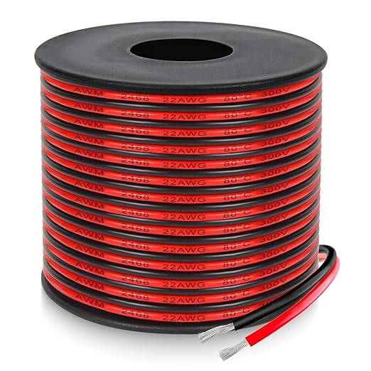 22 Gauge 2 Conductor PVC Tinned Copper Electrical Wire, 32.8FT/10M Red and Black Double Parallel Wire,0.3mm²，for DIY Projects, Home Electrical, Power Wiring,Car Speaker Wire, LED Wires.