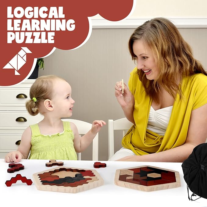 Yunsailing 3 Pack Hexagon Wooden Puzzle Wood Russian Blocks Tangram Puzzle Brain Teaser Puzzles Geometric Jigsaw Block Russian Blocks Logic IQ STEM Toy for All Ages Kid Adult(Vintage)