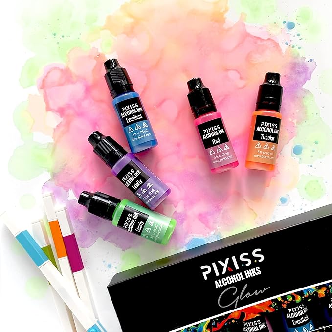 Pixiss Glow in The Dark Alcohol Ink Set - 5 Shades of Brilliantly Glowing Alcohol Ink for Epoxy Resin Supplies, Yupo Paper, Tumblers, Coasters - Resin Colorant for Epoxy Resin and Resin Art Supplies