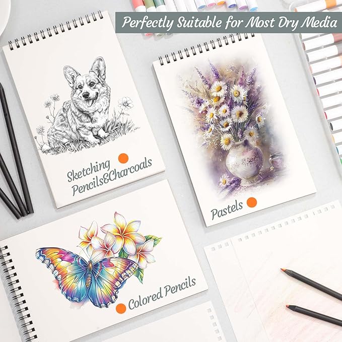 12 Pack Sketch Book, 5.5 x 8.5 Inch Sketchbook, 68lb/100gsm Top Spiral Bound Sketch Pad, Acid Free Art Supplies Drawing Painting Sketching Paper for Kids, Adults, Beginners, Artists (30 Sheets Each)