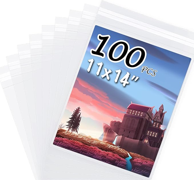 100 Pack 11 3/7 x 14 3/8 Inches Crystal Photo Sleeves Storage Bags for 11x14 Photo Mat, Art Sleeves for Prints