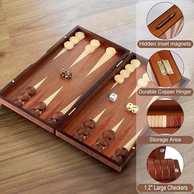 Handcrafted Wooden Backgammon Set, 16" Large Size, Classic Two-Player Strategy Board Premium Travel Game Board for Adults & Teenagers