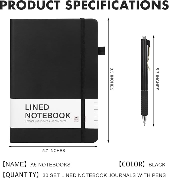 Aodaer 30 Set Lined Notebook Journals with Pens A5 Notebooks 100 GSM College Ruled Hardcover Notebook PU Leather Notepad with Pen Holder for Office School, 5.7 x 8.3 Inches, Black