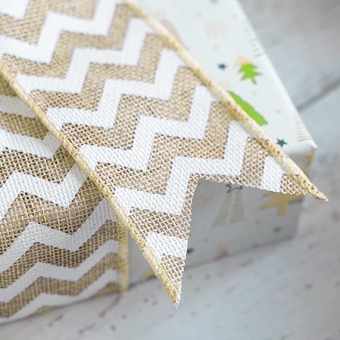 MEEDEE Burlap Ribbon with White Chevron Pattern - 2.5 Inch Wired Ribbon for Cakes, Wreaths, Rustic Decor, Baby Showers, Beach Parties, Farmhouse Gifts - 10 Yards