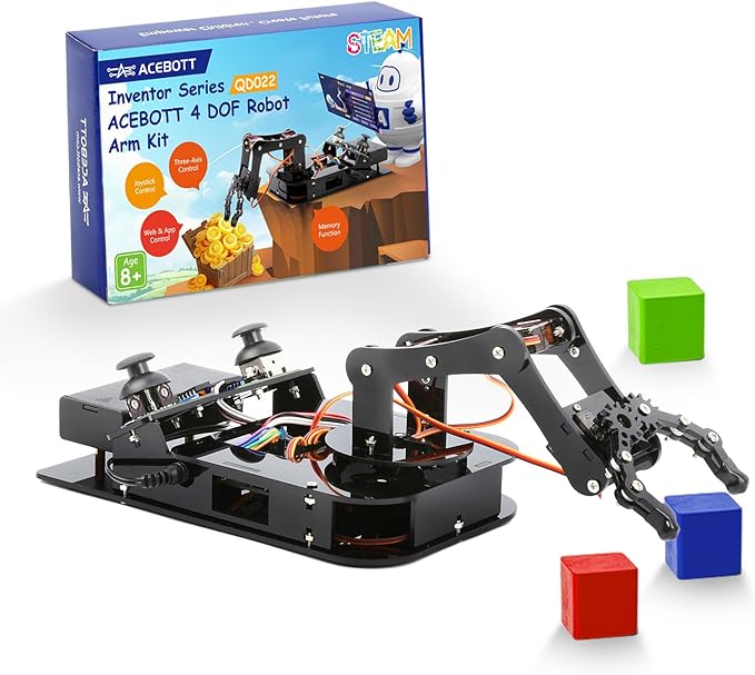 4DOF Robotic Arm Kit for Kids Compatible with Arduino IDE, Programming ESP32 Smart Robot Arm Building Kit STEM Educational Desktop Toy with Joystick and Web App Control for Children Ages 8+ and Adults