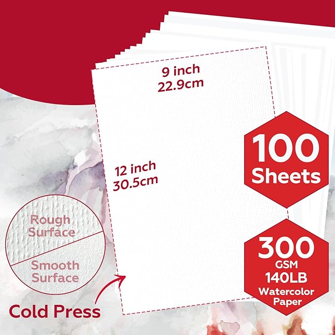 100 Sheets Watercolor Paper Bulk，9 x 12 Inch Cold Press 140 lb/300 GSM Water Color Paper for Kids Adults.Watercolor Drawing Paint Paper for Art Drawing Supplies