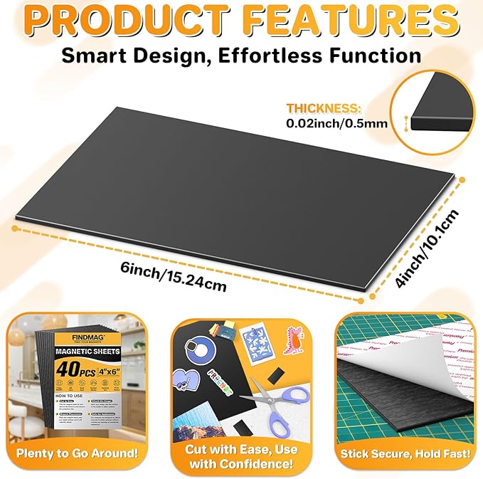 FINDMAG Magnetic Adhesive Sheets, 40PCS Magnetic Tape, Flexible Magnet with Adhesive Backing, Magnet Sheet Stickers for Crafts, Board, Photos, 4" x 6"