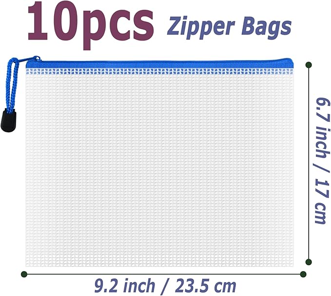 AUSTARK 10 Pcs Zipper File Bags, Waterproof Plastic Mesh Pouch for Office School, Board Game Storage Bags (A5 Size 9.2''x6.7'', White and Blue)