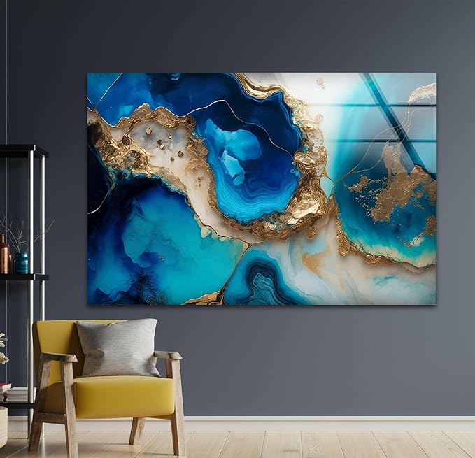 My Photostation.com 43Wx27H'' Blue Alcohol ink Glass Wall ArtTempered Glass Printing Wall Decor Large Wall Art Wall Hangings
