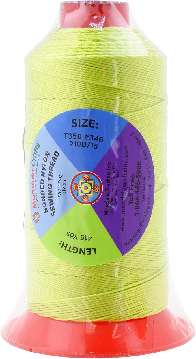 Mandala Crafts Tex 350 Bonded Nylon Thread for Sewing - 415 YDs T350 Heavy Duty Lime Green Nylon Thread Upholstery Thread for Leather Jeans Weaving, T350 #346 210D/15