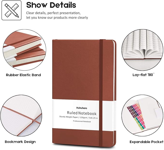 Huhuhero Notebooks Journal, Ruled Notebook, Premium Thick Paper Lined Journal, Black Hardcover Notebook for Office Home School Business Writing Note Taking Journaling, 5"×8.25" (5, Brown)