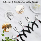 5 Pcs Jewelry Making Pliers Tools with Needle/Chain Nose Pliers, wire cutters Round Nose, Bent Nose-Matte Handle,jewelry making supplies for adults