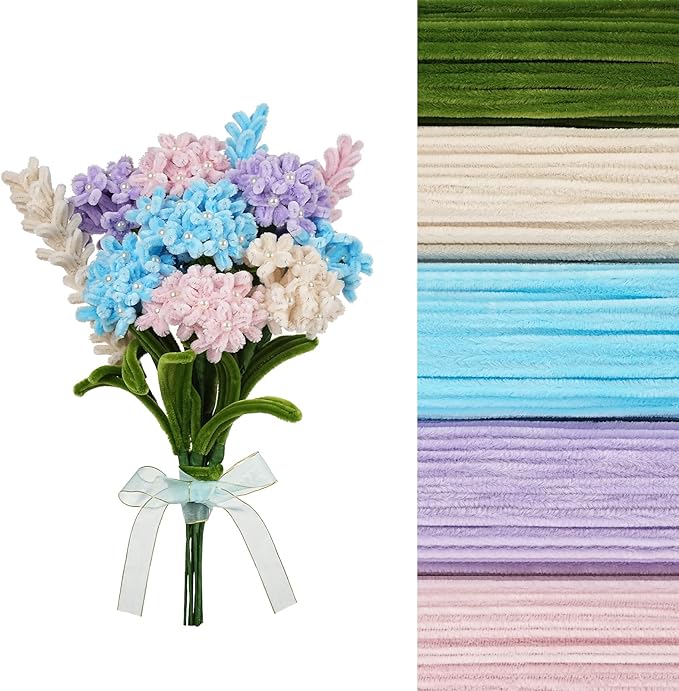 400 Pcs Soft Craft Pipe Cleaners Flowers,5 Colors Chenille Stems Bulk with Floral Wires, Gardening Tape,Greeting Card,Bouquet Paper,Hot Glue Stick,Pearl & Ribbon,Ideals for Various Types Decor