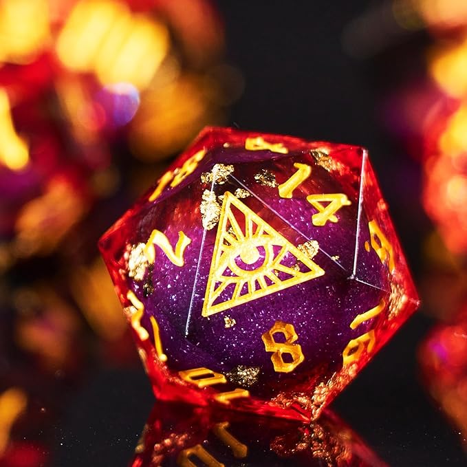 The Eye of Mystery Liquid Core DND Dice Set – Unique Resin Dice Set for Dungeons & Dragons – Red Flame Eye Dice Set for D&D Gifts