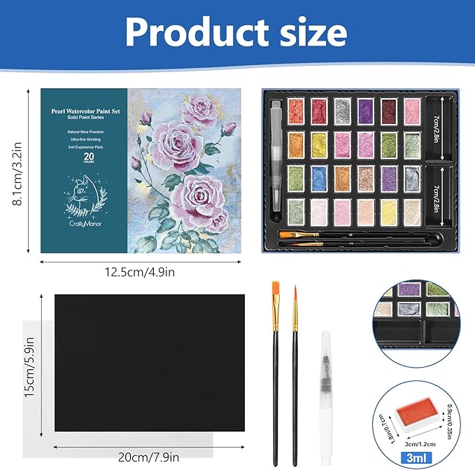 3ml Glitter Watercolor Paint Set with Paper, 24 Colors Shimmer Metallic Watercolour Painting Sets, Solid Pearl Water Color Paints for Adult, Kids, Rococo Style (Rococo 24Colors-L)