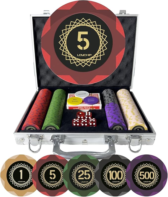 Clay Poker Set with Numbered Chips 200-pcs for Card Board Game, 14g Weight with Playing Cards for Texas Hold'em, Blackjack Gambling, Late Night Poker Games
