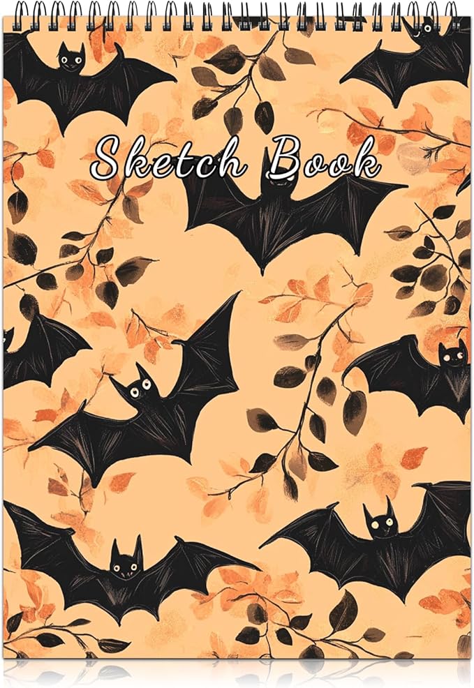 Cabreche Cute Sketchbook Top Spiral Bound Sketch Pad, 9 x 12 inch,100GSM Thick Paper,50 Sheets 100 Pages,Art Sketch Book Artistic Writing Drawing Paper for Girls Women Beginners-Orange Bat