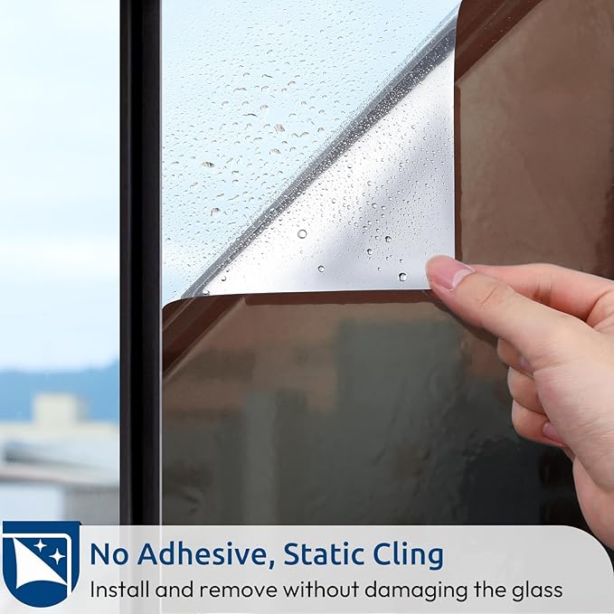 rabbitgoo Window Privacy Film One Way Window Tint for Home, Removable Reflective Heat Sun Blocking Anti UV Glass Door Covering, Mirror Tinting Film House Office, 23.6 in X 6.5 Feet, Brown Silver