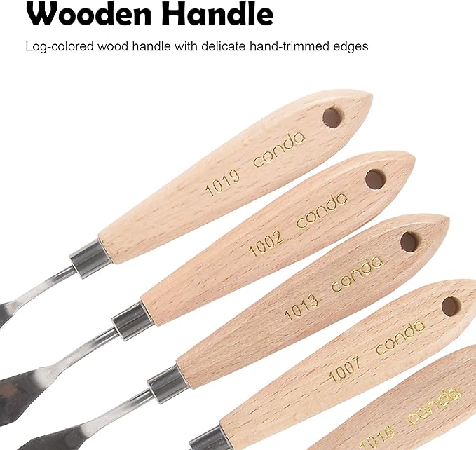 CONDA Artist Palette Knife Set - 5 Pieces Painting Knives for Acrylic, Flexible Stainless Steel Spatula Pallet knife for Mixing Color, Spreading, Applying Oil Paint on Canvases, Wood Handles