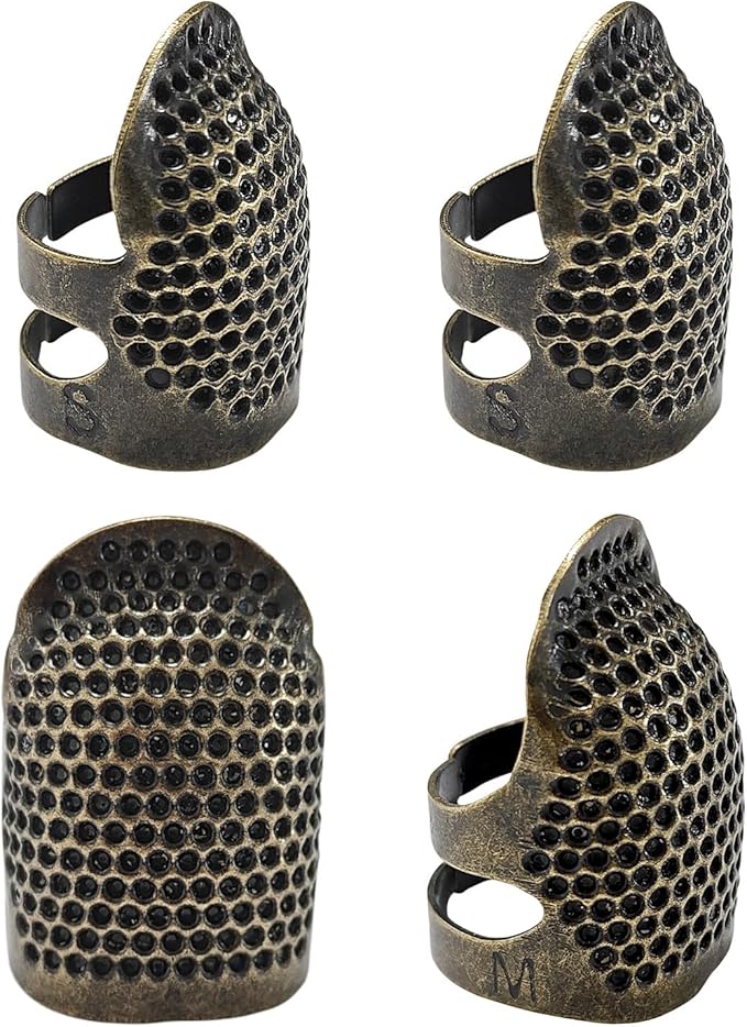 FR 4 Pack (2 Sizes, S/M) Sewing Thimble Finger Protector, Adjustable Finger Metal Shield Protector Pin Needles Sewing Quilting Craft Accessories DIY Sewing Tools Needlework Copper