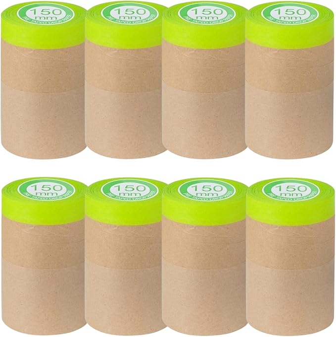 Pre-Taped Painting Masking Paper: 8 Rolls 6 Inch x 50 Feet Tape and Drape Painters Paper, Self-Adhesive Paint Protective Kraft Paper Roll