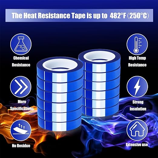 12 Rolls 10mm x16m(52FT) Blue Heat Tape High Temperature Heat Resistant Tape Heat Transfer Tape for Heat Sublimation Press Vinyl,No Residue