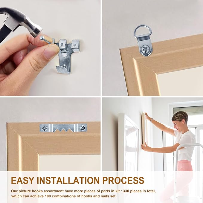 330pc Picture Hanging Kit - Wall Hangers, Nails, Wire, Screw Eyes, D Rings & Tool for Frame & Canvas Mounting